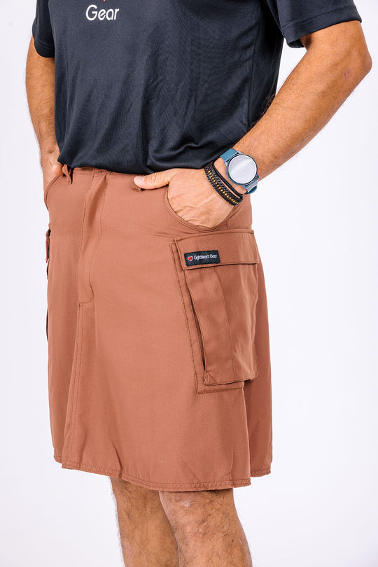 Men's hiking skirt shown in sandalwood color.